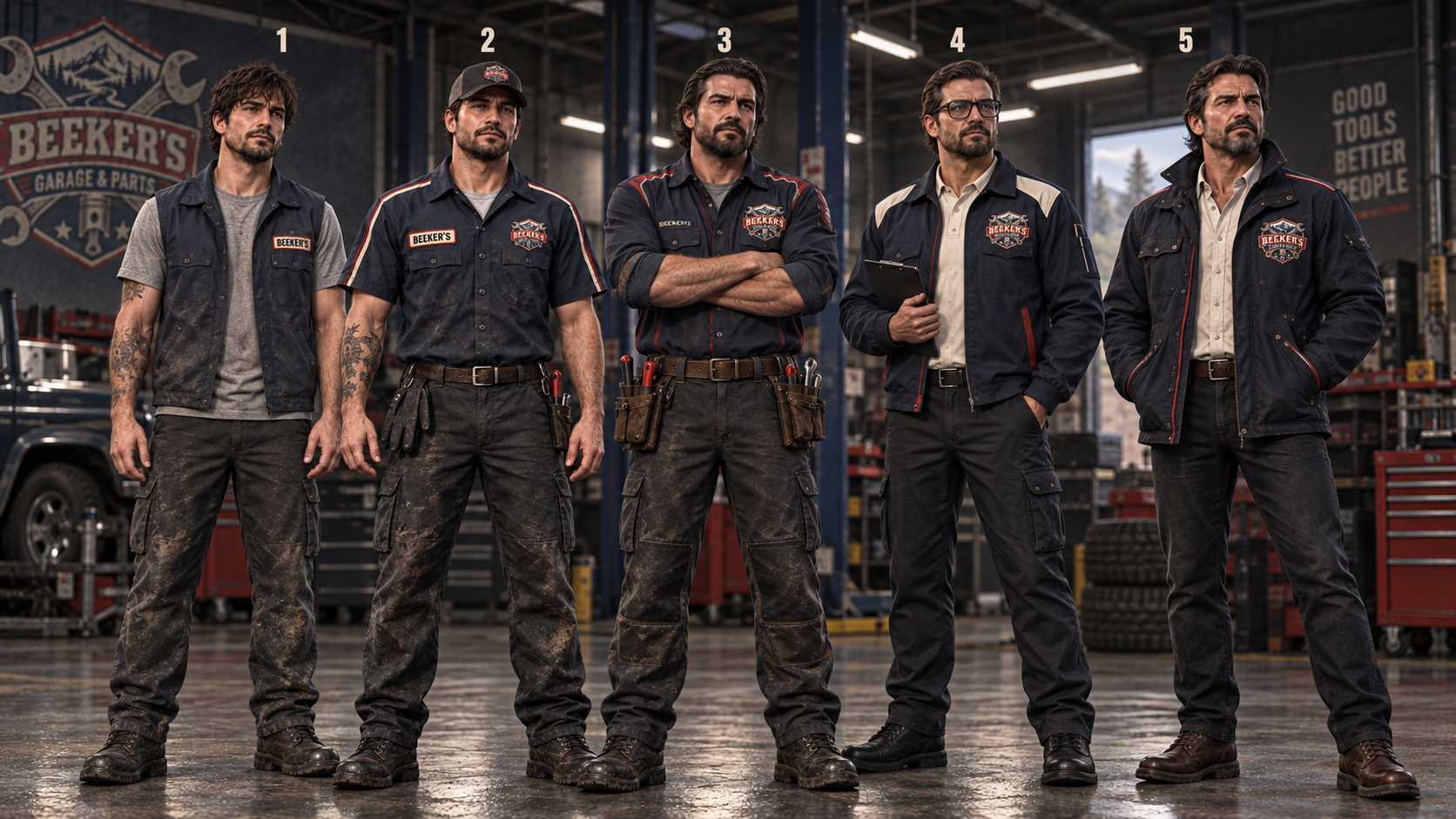 Fünf aufeinander aufbauende Arbeitskleidungsstufen von Beeker's Garage & Parts