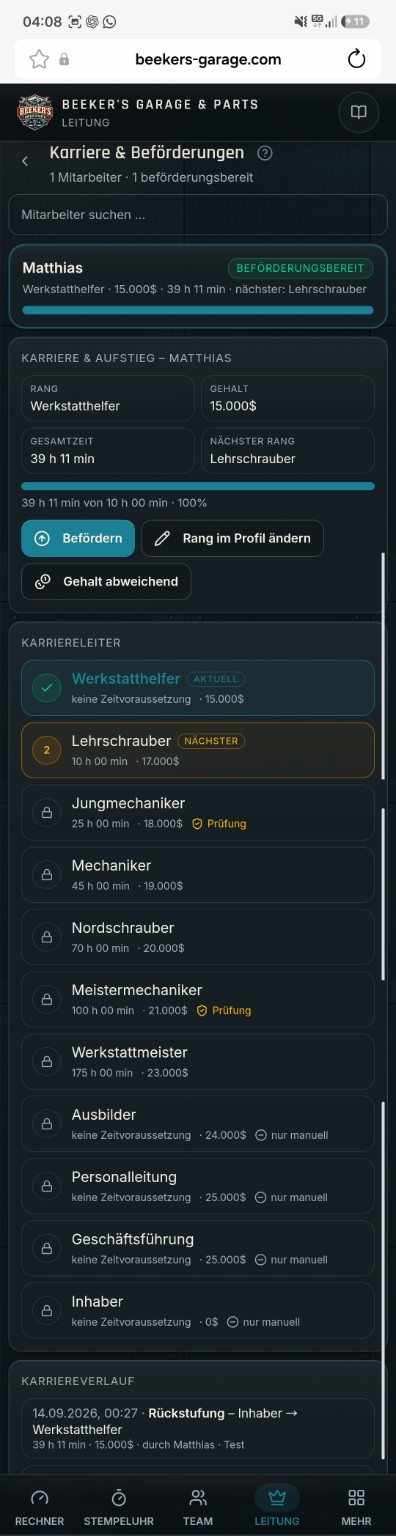 Mobile Karriereansicht mit Rangweg, Arbeitszeit und gekennzeichneten Prüfungsstufen