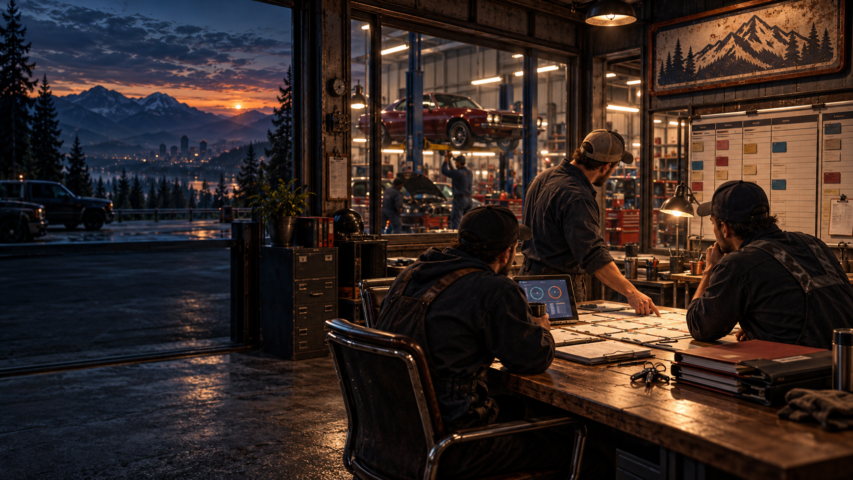 Werkstattbüro am Abend: Mechaniker planen am Tisch mit Laptop, Auftragstafel und Blick auf die Halle