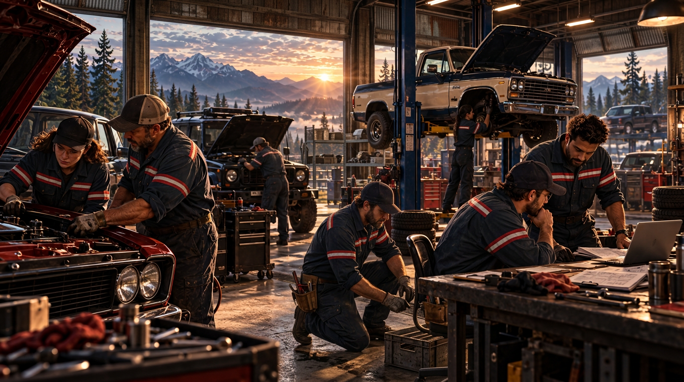 Mechanikerteam bei Sonnenaufgang in der Werkstatthalle: Motorarbeit, Hebebühne und Auftragsbesprechung