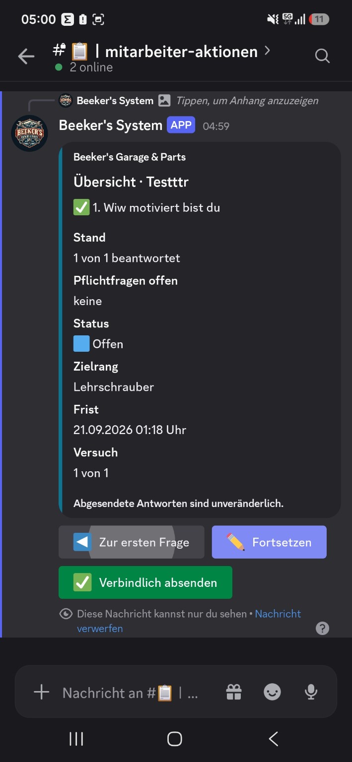 Private Discord-Prüfungsübersicht mit beantworteter Frage, Fortschritt und Absendeaktion