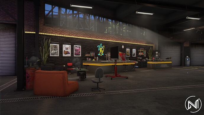 Innenansicht der Afterlife Tuners Garage V2: Lounge- und Barbereich mit Sitzmöbeln, Werkstatt-Details und Neon-Beleuchtung