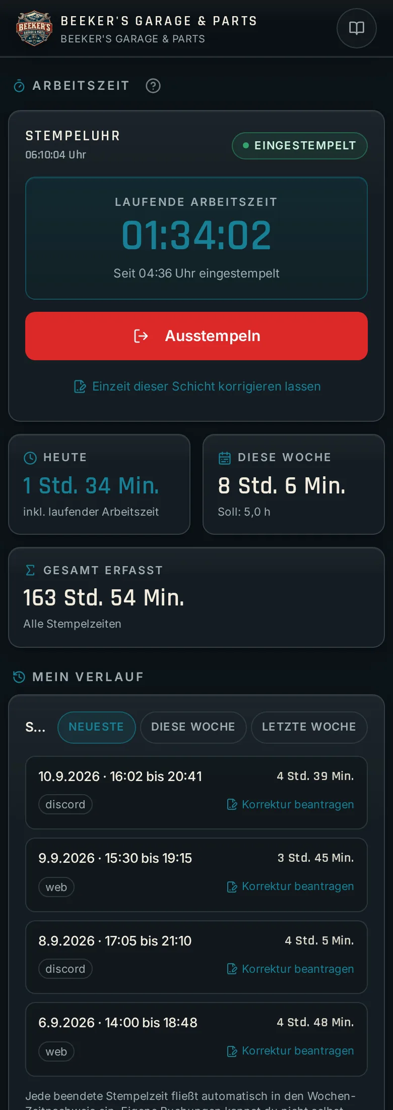 Stempeluhr der Website auf dem Smartphone mit laufender Schicht, Wochenstand und Verlauf